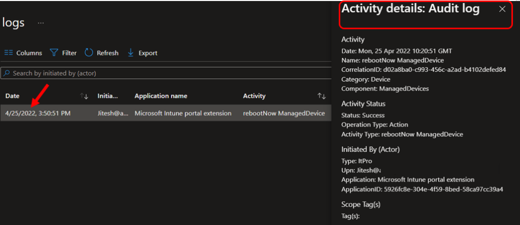 Activity Details - Intune Audit Logs Track Who Restarted Device from MEM Portal