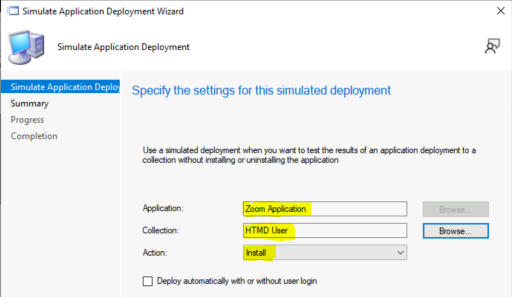 Specify the settings - Simulate SCCM Application Deployments