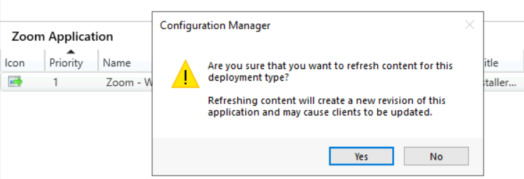 Click Yes - Update SCCM Application Content on Distribution Point