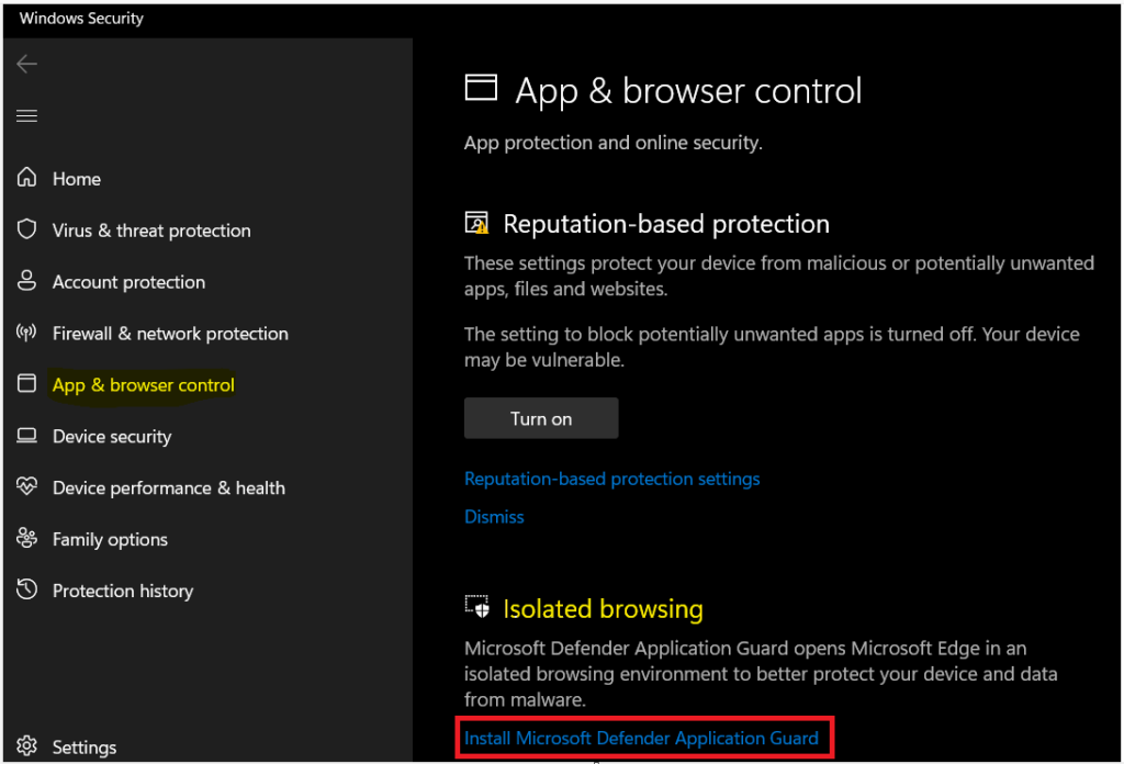 Isolated browsing - Install Microsoft Windows Defender Application Guard 