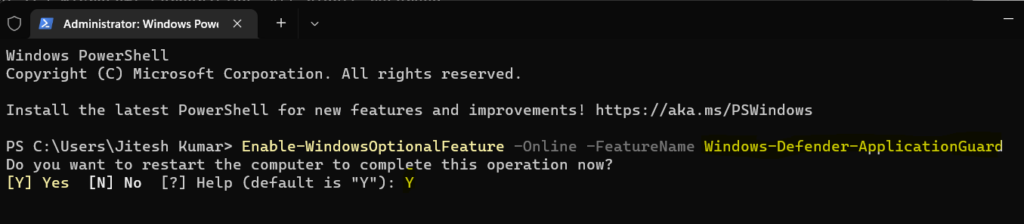 Run Command line - Enable Microsoft Defender Application Guard using PowerShell