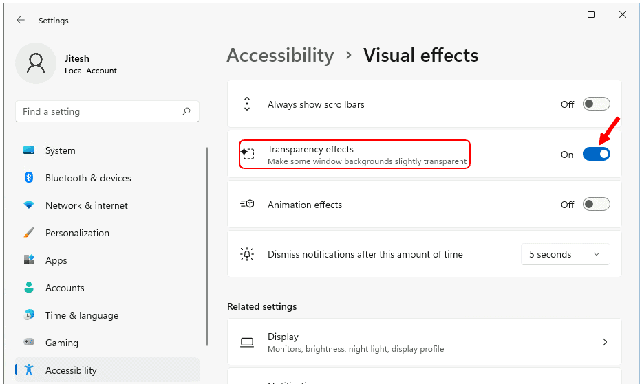 Turn On or Off Transparency Effects in Windows 11 3