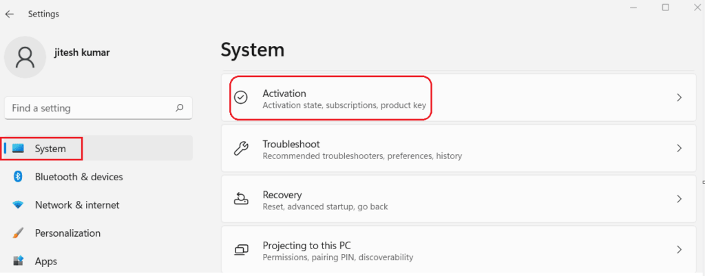 Click on Activation – Activate Windows 11 with Product Key