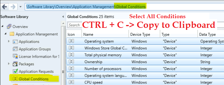 Export List of SCCM Global Conditions using SQL Query and Admin Console