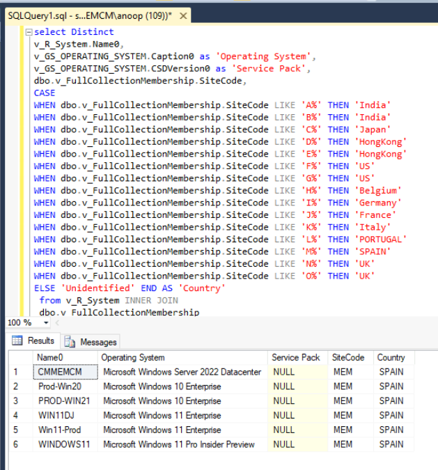 SCCM SQL Query to Find Out OS Details with SP Site Code Country