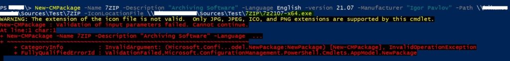 Warning message for Icon file extension - Create SCCM Package Deployment using PowerShell 5