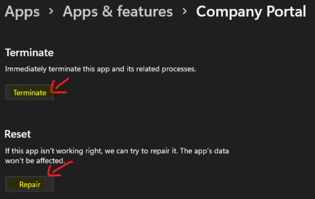 Intune Company Portal App Repair Options 3