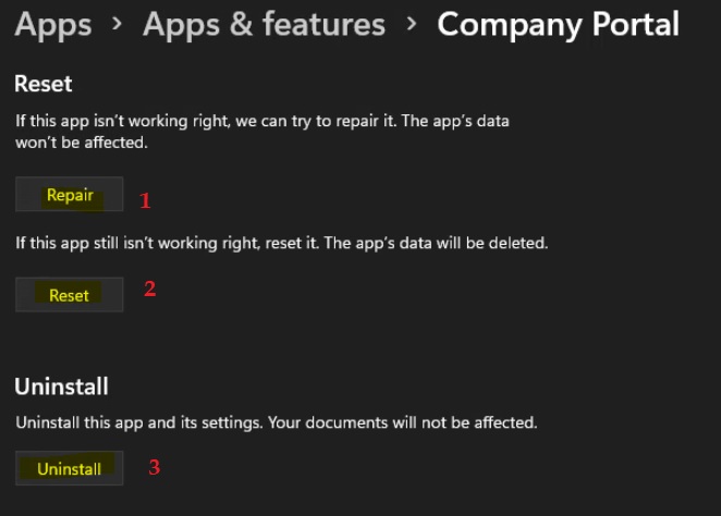 Intune Company Portal App Repair Options 4