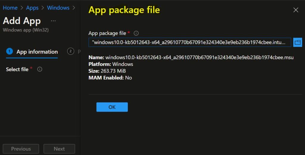 Select App Package File - Deploy Windows Update Offline Using Intune 6