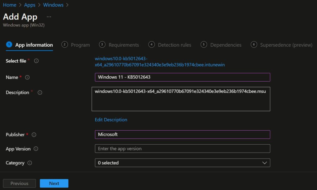 Add App Information - Deploy Windows Update Offline Using Intune 7