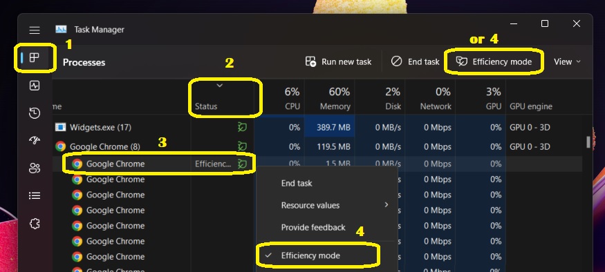 How to Disable Efficiency Mode using Windows 11 22H2 Task Manager