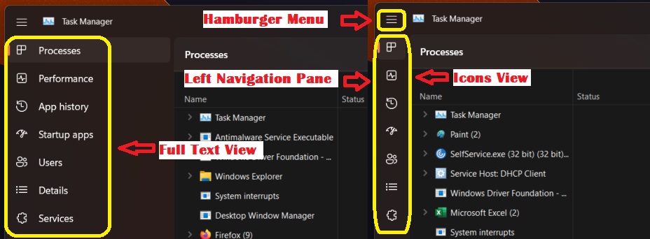 New Windows 11 Task Manager Features Efficiency Mode 3 Hamburger Menu and Left Navigation Pane