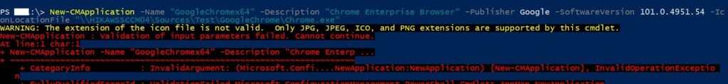 Warning message for Icon file extension – Create SCCM Application Deployment using PowerShell 6