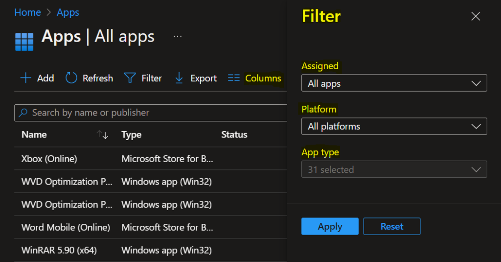 Select Filter - Easy Steps to Export Intune Application lists 3