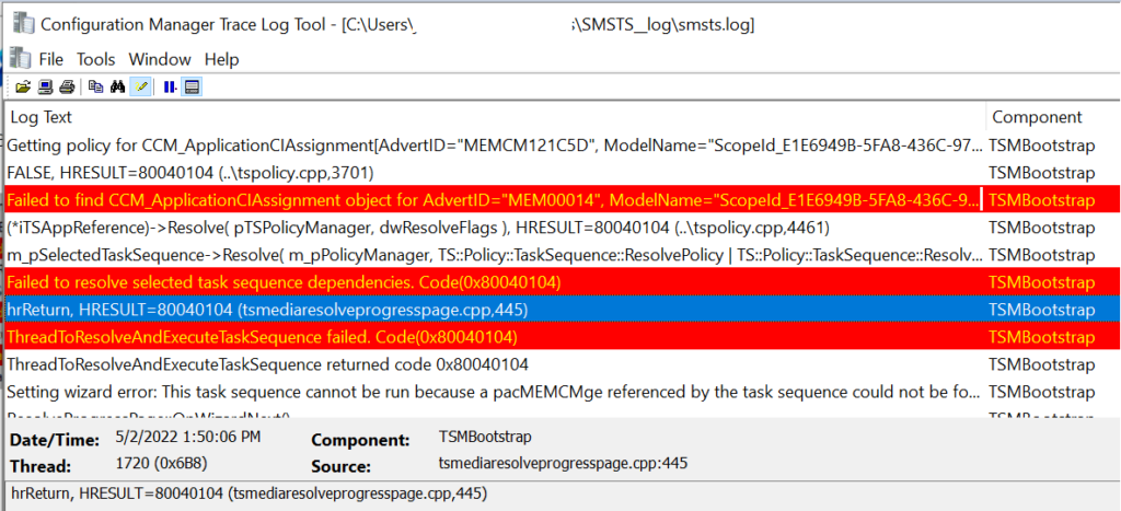 SMSTS log - Failed to Resolve Selected Task Sequence Dependencies Code 0x80040104