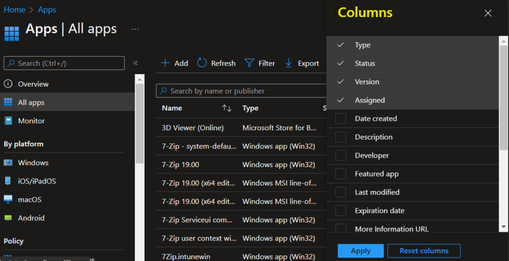 Select Columns - Easy Steps to Export Intune Application lists 2