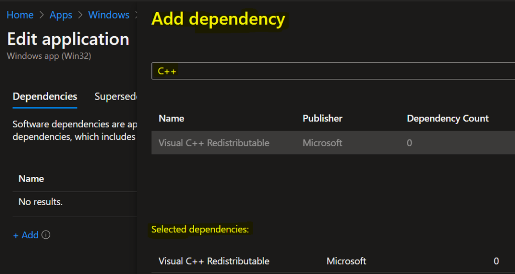 Add Dependency - Intune Win32 App Dependencies Deployment 4