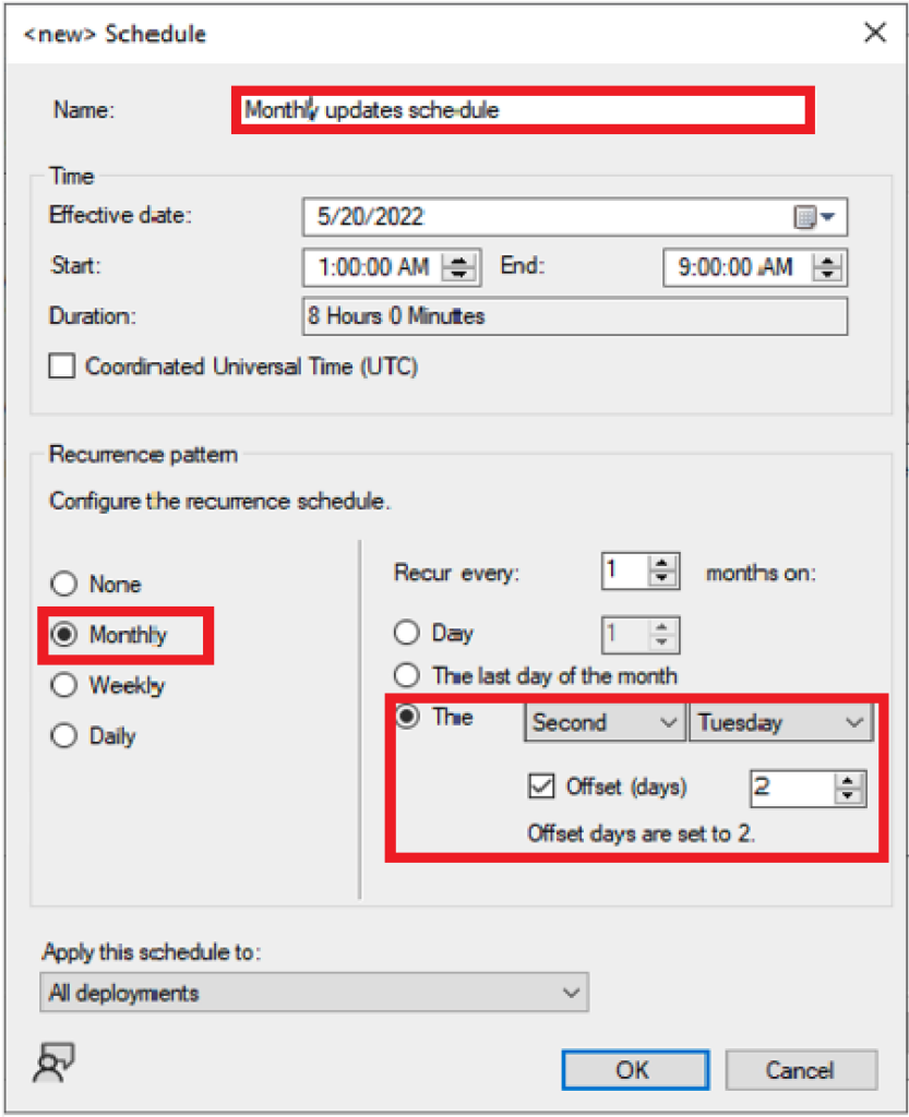 Menu displaying options for the new custom schedule for setting offset days - Configuration Manager Technical Preview 2205