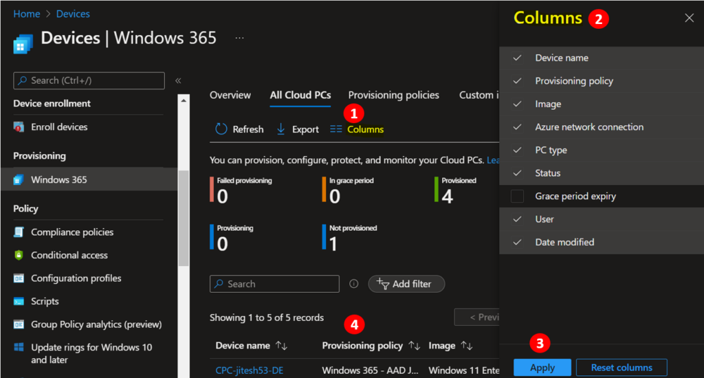 How To Export Windows 365 Cloud PC Names 3 Click on Columns - Export Windows 365 Cloud PC Names 3
