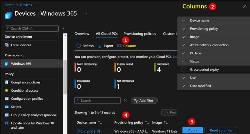 Click on Columns - Export Windows 365 Cloud PC Names 3