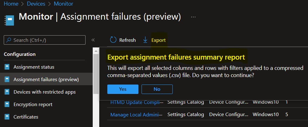 Intune Policy Assignment Failure Report 5 Click Export Button - Export Assignment Failures Report
