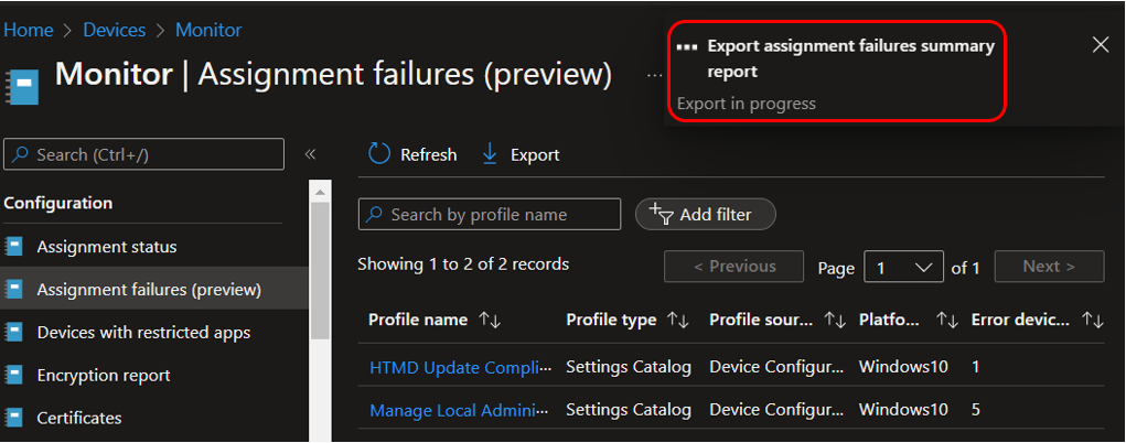 Intune Policy Assignment Failure Report 6 Export In Progress - Intune Policy Assignment Failure Report