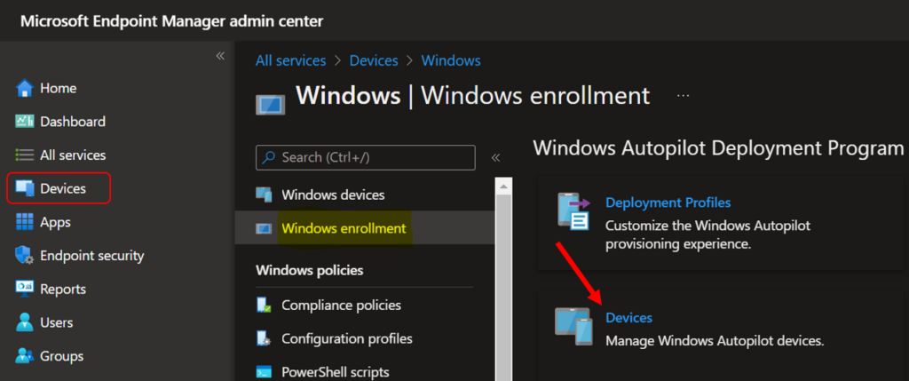 Click on Devices - Export Windows Autopilot Device in Intune 1