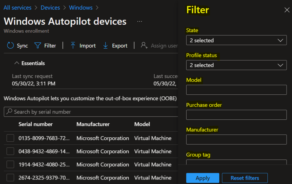 Filter - Export Windows Autopilot Device in Intune 3