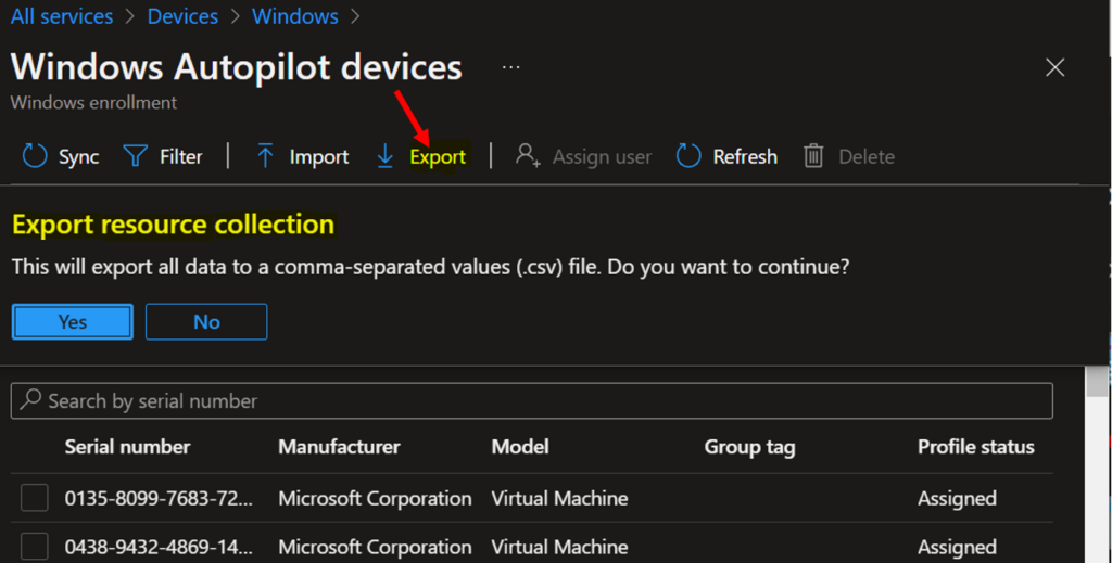 Click on Export - Export Windows Autopilot Device in Intune 4