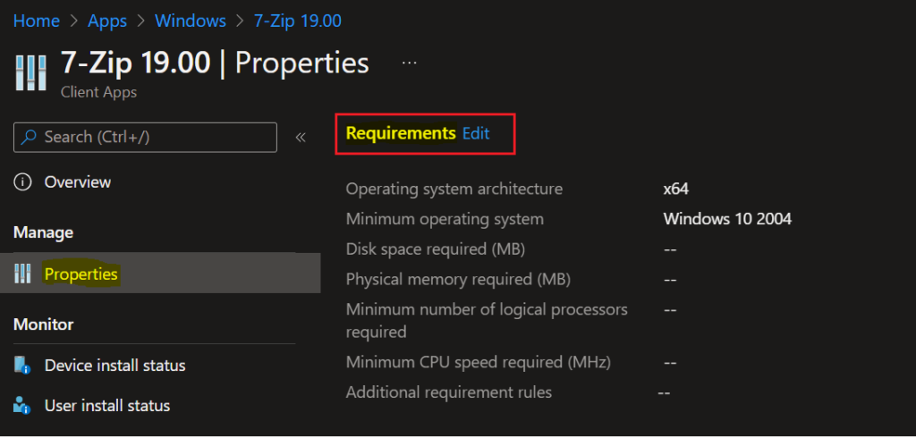 Click on Edit (Requirements) - Intune Win32 App Requirement Rules 2