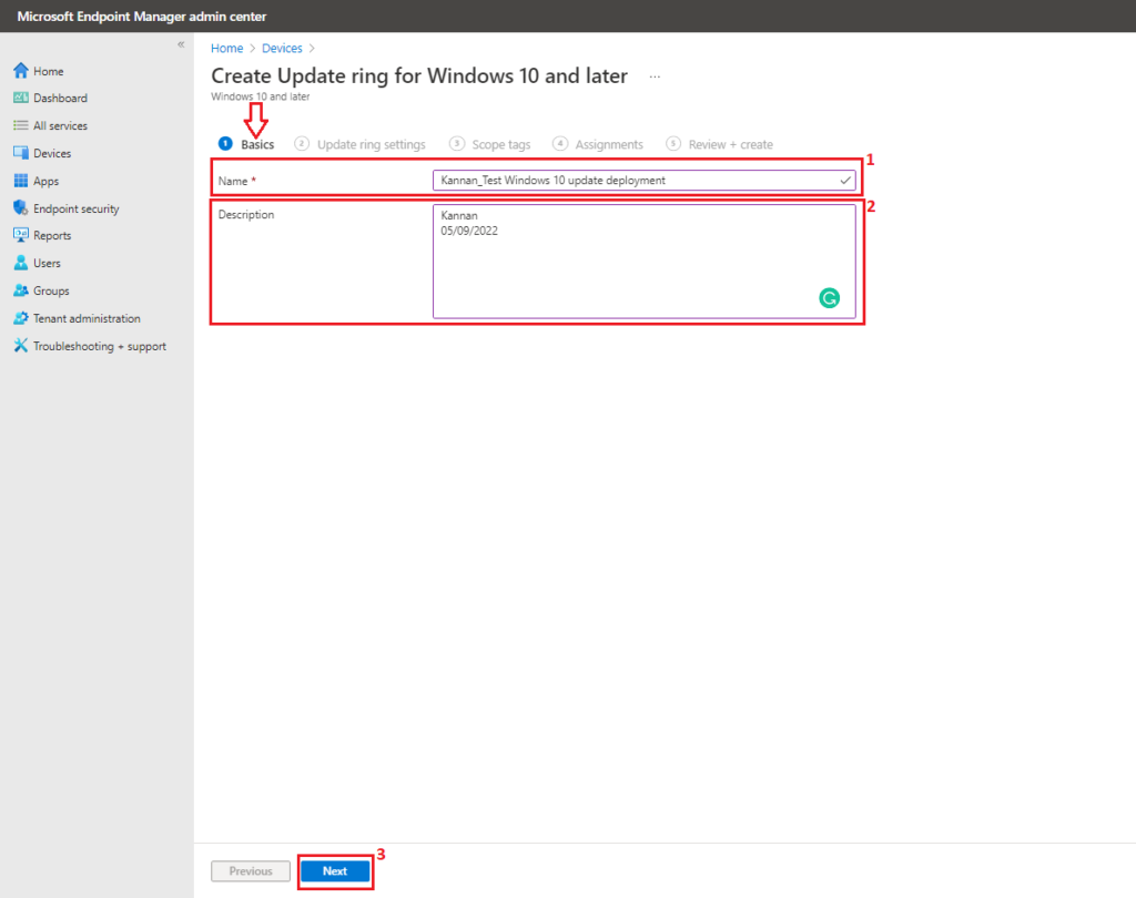 How to Configure Windows Update for Business Patching using Intune - Update ring Basic tab 