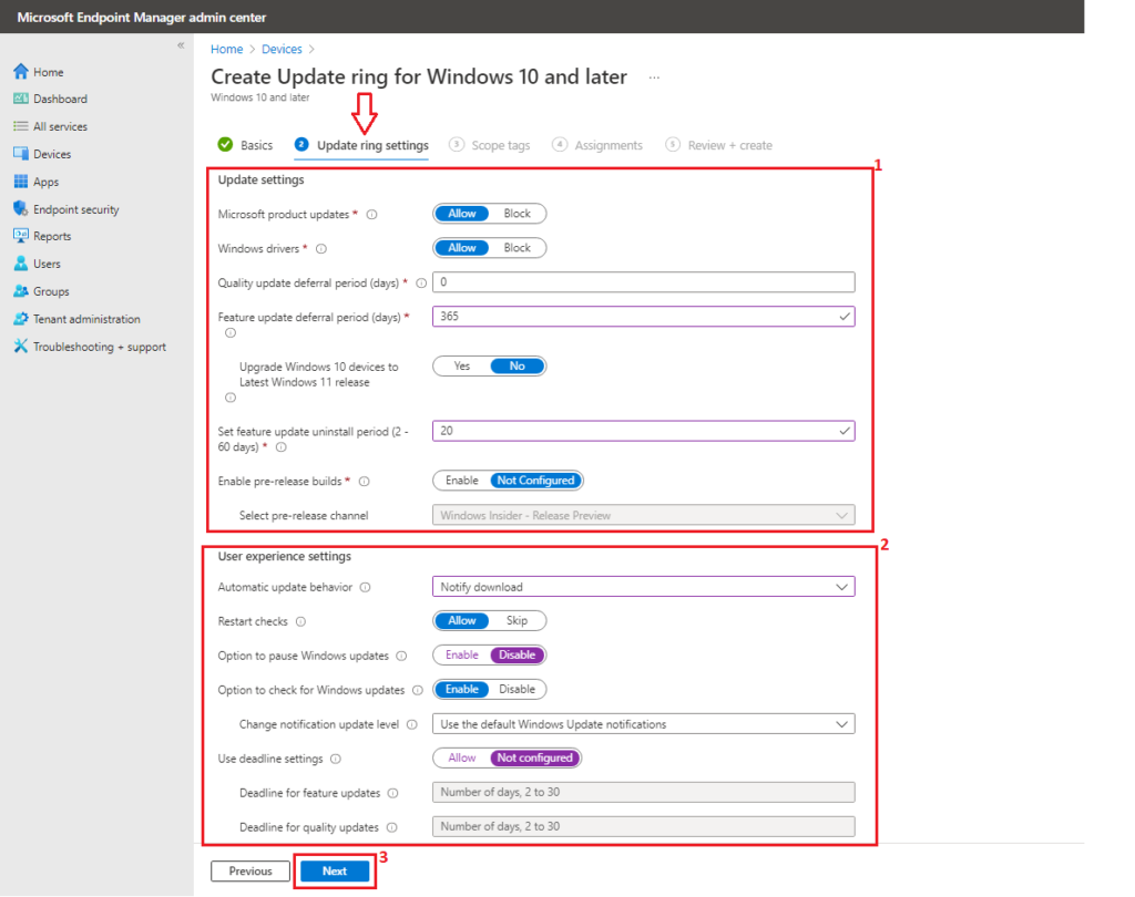 How to Configure Windows Update for Business Patching using Intune - Update ring settings tab