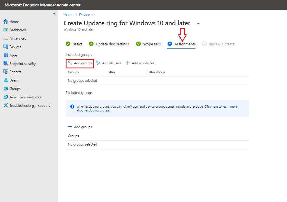 How to Configure Windows Update for Business Patching using Intune - Assignments tab