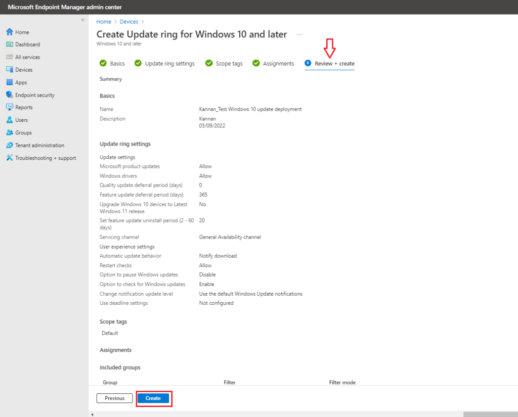 How to Configure Windows Update for Business using Intune - Review + create a tab