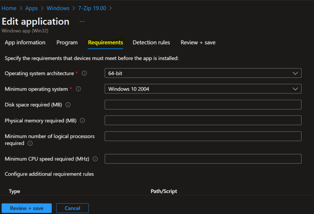 Specify the application requirements - Intune Win32 App Requirement Rules 3