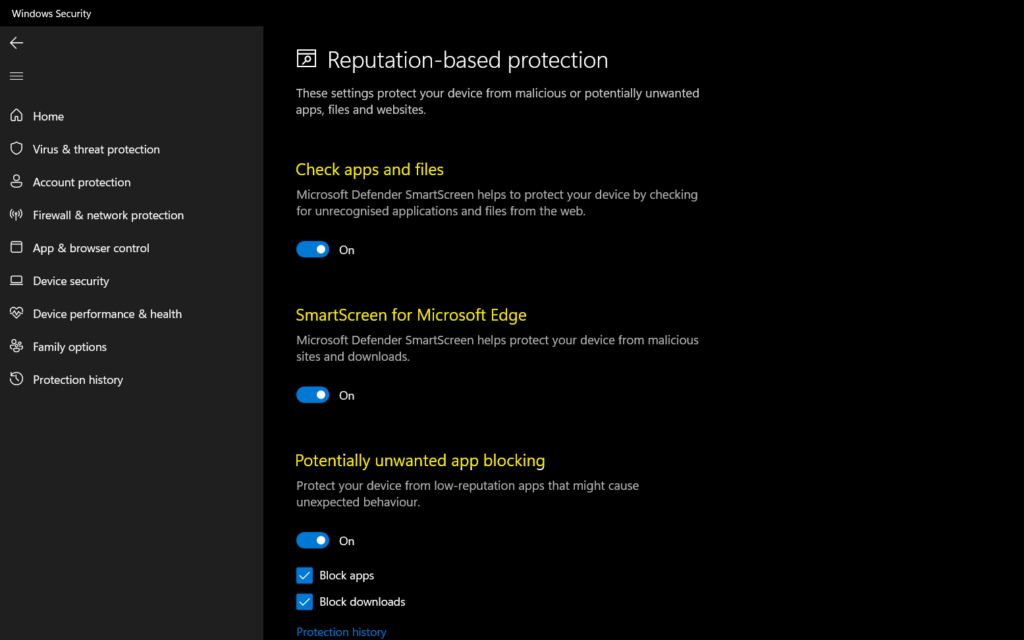 Turn On Reputed-based protection settings - Block Potentially Unwanted Applications for Windows