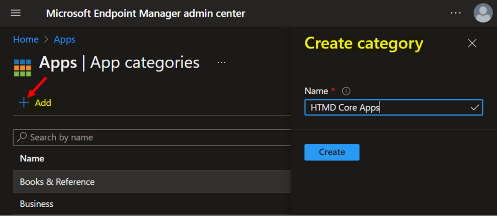 Click +Add - Create App Categories in Intune Company Portal