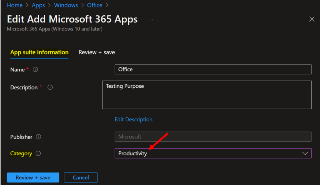 Select Category - Create App Categories in Intune Company Portal