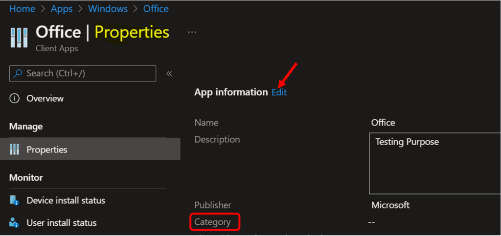 Click on Edit - Create App Categories in Intune Company Portal