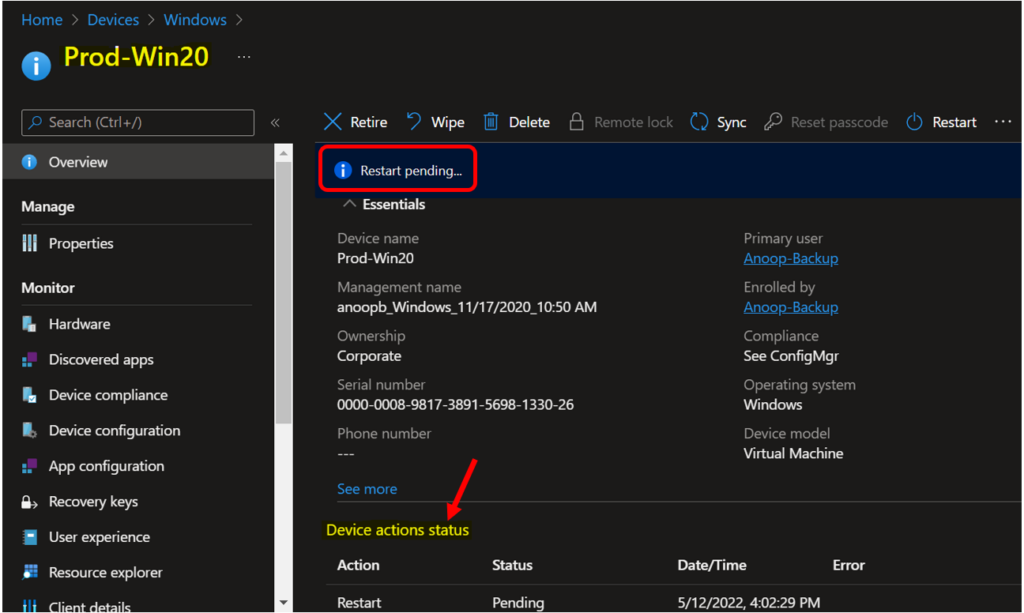 Windows Device Action Status - Intune Device Action Status Report