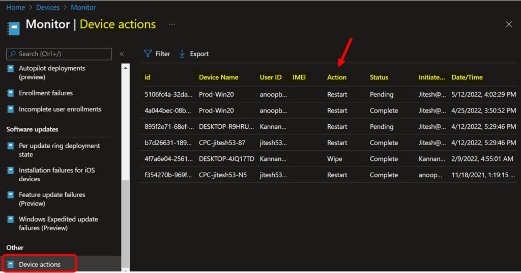 Select Device actions - Intune Device Action Status Report