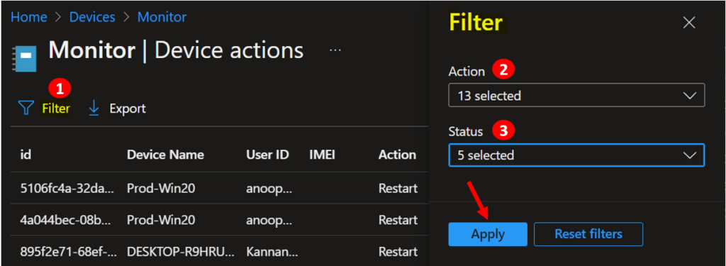 Filter Actions - Intune Device Action Status Report