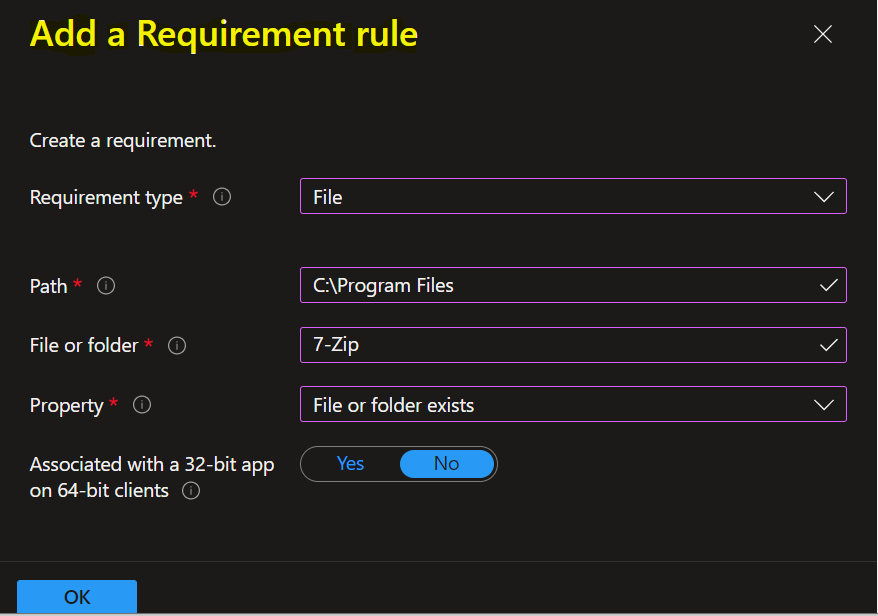 Create File-based requirement type - Configure Additional Requirement Rules for Win32 Apps 2