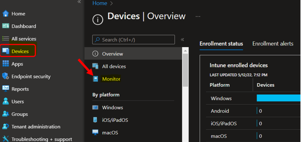 Click on Monitor - Intune Device Action Status Report