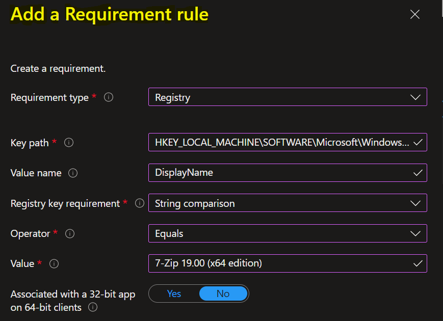 Create Registry-based requirement type - Configure Additional Requirement Rules for Win32 Apps 3