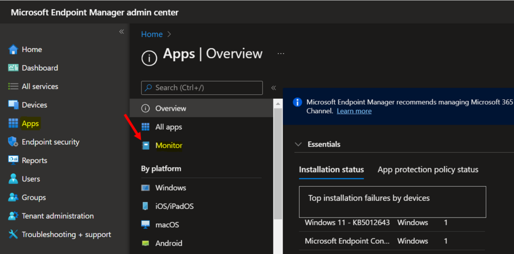 Click on Monitor - Intune App Installation Status Report