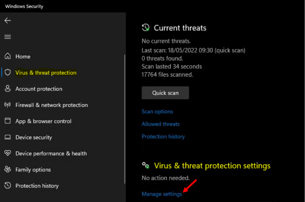 Protect Security Settings with Tamper Protection in Windows 2 Click on Manage Settings - Protect Security Settings with Tamper Protection in Windows