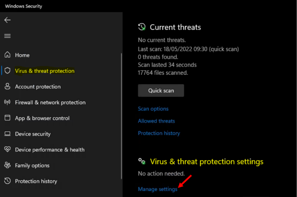 Click on Manage Settings - Protect Security Settings with Tamper Protection in Windows