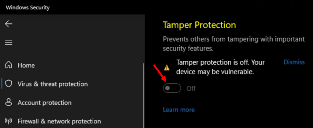 Toggle Switch Turn On or Off Tamper Protection