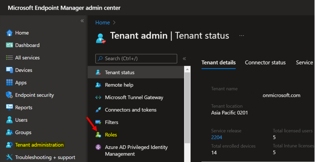 Click on Roles - Allow Unlicensed Admin to Access Intune